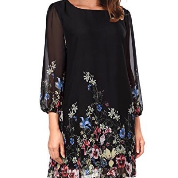 DJT Shift Chiffon Dress 3/4 Sleeve Elastic Cuff Knee Length Floral Print Lined - Picture 6 of 14